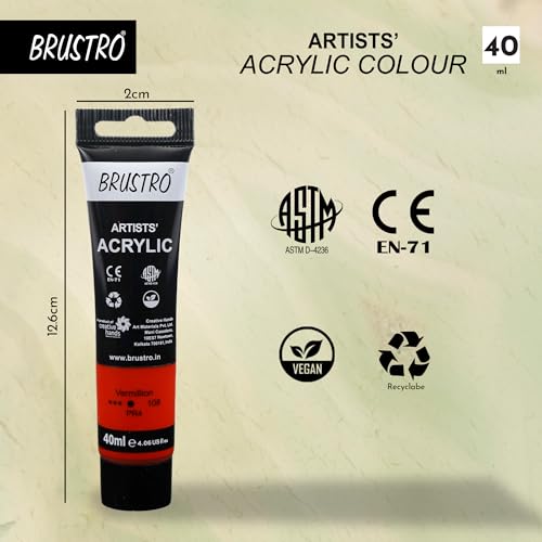 Image of BRUSTRO Artists Acrylic Paint Tube | 40ml, Vermillion (Pack of 2)|Non-Toxic, Water Based, Inter Mixable, Ideal for Painting, Textured Effects on Canvas, Paper, Fine Art Student and Professionals