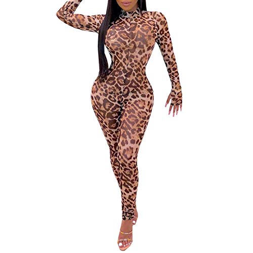 IyMoo Bodycon Jumpsuits for Women Clubwear - Sexy V Neck Long Sleeve Hollow Out Mesh Sheer Bodycon Romper Catsuit FM-Leopard L