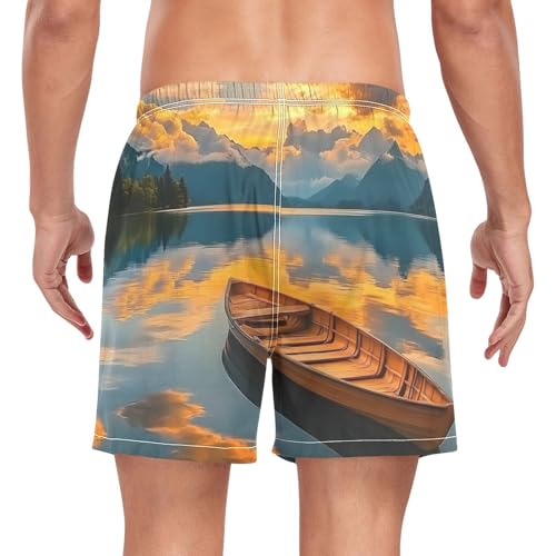Landscape Boat Sunset Lake Mens Swim Trunks with Liner, Cool Quick Dry Beach Swim Shorts, Swimwear Bathing Suits S2