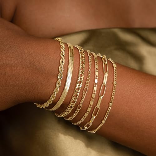 Kyerlyn Gold Bracelets for Women Waterproof, 14K Real Gold Jewelry Sets for Women Trendy Dainty Stackable Cuban Link Paperclip Chain Bracelet Pack Fashion Accessories Gifts2