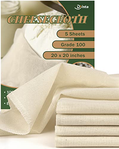 Cheesecloth for Straining Grade 100, 5 Pieces Reusable Hemmed Cheesecloth 20 x 20 Inches, 100% Unbleached Cotton Cheese Cloths for Straining, Filtering, Canning, Covering, Polishing and Decoration