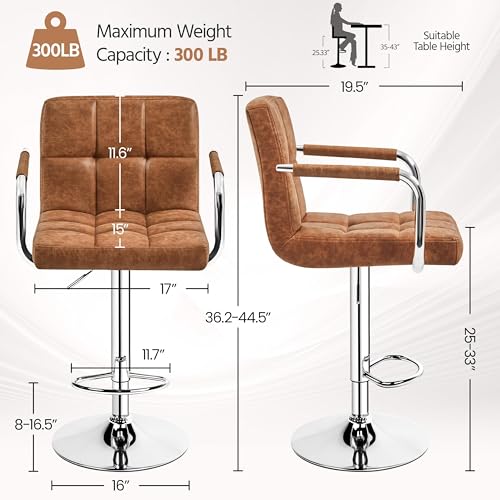Image of Yaheetech Bar Stools Set of 2 with Backs, Height Adjustable, Retro Brown