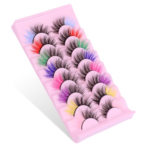 8 Pairs Colorful False Eyelashes with Color on End Curly and Thick Colored Lashes Reusable Color Lashes for Beauty Bloggers Cosplayers Halloween Christmas Large-Scale Stage Performances.
