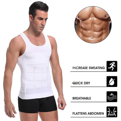 Image of Wearslim Men Compression Shirt For Workout Vest Abs Abdomen Slim Body Shaper Undershirt Slimming Shirt to Hide Gynecomastia Stretchable Tummy Tucker Vest - Pack of 2 - (Black & White)
