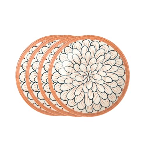 Image of Lellow Ceramic Dinner Plate Set of 4 | Petal Pattern with Orange Rim | Microwave Safe | Dishwasher Safe | Food Grade Glazed Ceramic | Modern Dining Plates for Daily Use