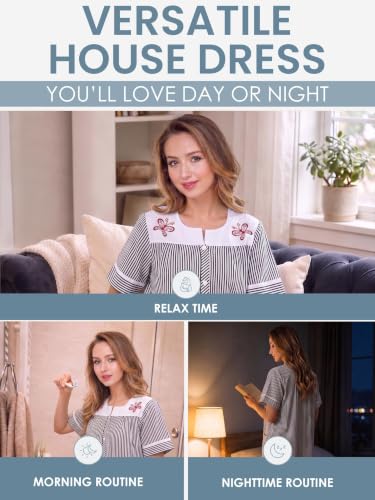 Image of Casual Nights Women's Snap - Front House Dress Short Sleeve Woven Housecoat Duster Lounger Robe with Pockets