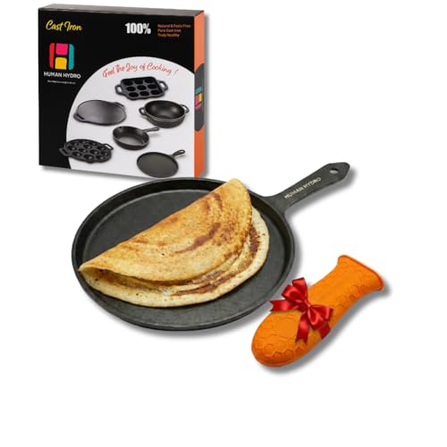 Image of Human Hydro Cast Iron Tawa 25cm (Single Handle) with Heat-Resistant Silicone Grip | Heavy-Duty, Even-Heat | Naturally Non-Stick When Seasoned | Gas & Induction Compatible