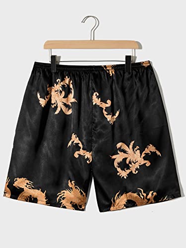 Wdirara Men's Sleepwear Polka Dots Belted Satin Sleep Robe And Shorts Pajama Set Black Dragon 5Xl #TOP4