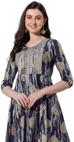 MIRCHI FASHION Women's Cotton Relaxed Fit A Line Sequins Embroidery Work Foil Printed A-Line Kurti Only