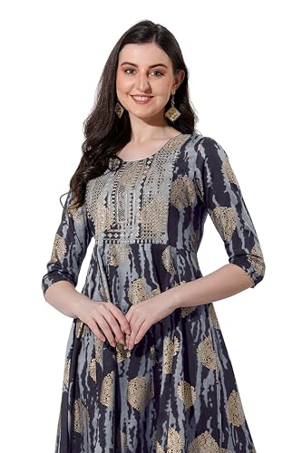 Image of MIRCHI FASHION Women's Cotton Relaxed Fit A Line Sequins Embroidery Work Foil Printed A-Line Kurti Only