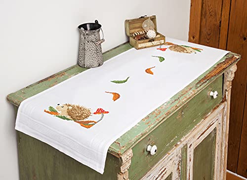 KAMACA Cotton Counted Cross Stitch Kit Hedgehog in The Forest 40 x 100 cm Complete Embroidery Kit with Embroidery Template (Table Runner 40 x 100 cm)