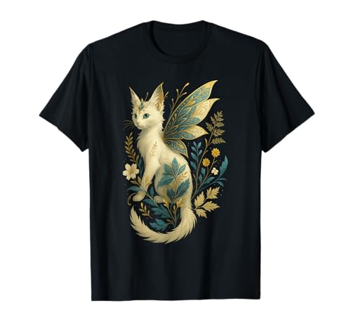 Fantasía gato hada con alas florales arte felino mágico Camiseta