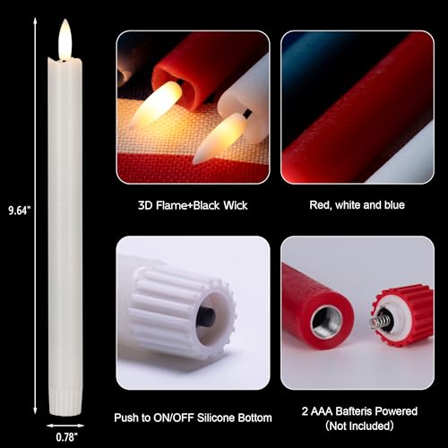 Image of JOIONE Patriotic Flameless Taper Candles with Remote, 3 Pack Red White Blue | Battery Operated, Red White Blue, Real Wax, Remote Control, Warm Flickering Glow, 4th of July Independence Day Party Decor