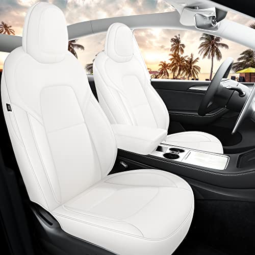 MeeKooMay Tesla Model Y Seat Covers White Tesla Car Seat Cover 12pcs Waterproof Nappa Leather Seat Cover Fully Wrapped Customized for Tesla Model Y 2020-2024 (TY-White)