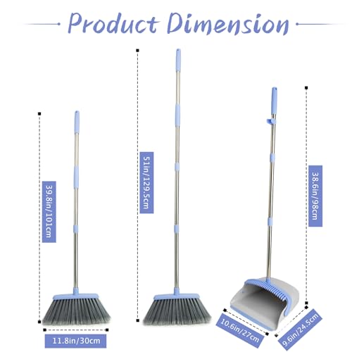 Image of Broom and Dustpan Combo Set, Long Handle and Standing Dust Pan with Comb Teeth, Efficient Floor Cleaning for Kitchen, Outdoor, Dorm, Apartment, Office Lobby (Gray Blue)