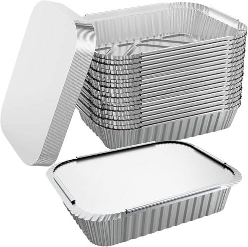 JOKOLO Paquete de 10 recipientes de aluminio de 6 x 5 x 2 pulgadas con tapas, desechables para cocinar, hornear y almacenar. N.º 2 del Reino Unido (150 x 120 x 50 mm), hasta 500 ml, (15 x 12 x 5 cm,