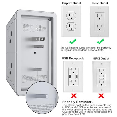 Multi Plug Outlet Surge Protector, Lvetek Outlet Extender with 5 Outlet and 4 USB Ports(2 USB C), 3-Sided Multiple-Plug Outlet Splitter Wall Charger for Home Travel Office,ETL Listed,Grey