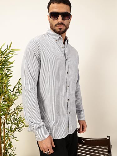Image of Thomas Scott Men's | Slim Fit | Striped Design | Button-Down Collar | 100% Cotton Casual Shirt for Mens