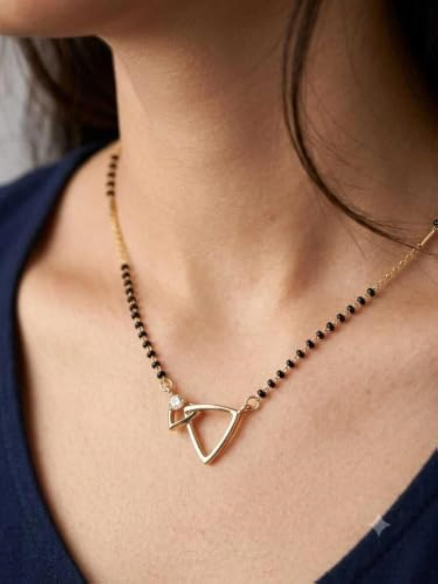 Gold-Toned Mangalsutra with Black Beads & Diamond-Style Pendant