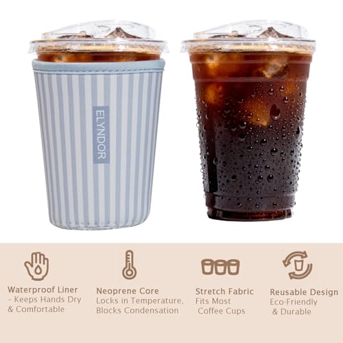 Image of Reusable Insulated Sleeve for Iced Coffee Cup, Coffee Neoprene Sleeve for Cold & Hot Drinks, Beverage Holder for Iced Coffee (Blue Stripes, Small: 16-18oz)