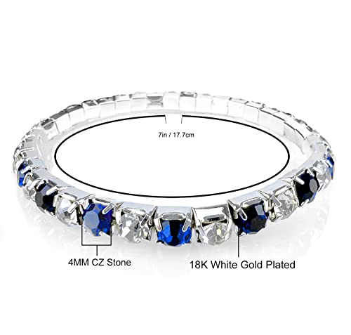 Orentini 18K White Gold Plated 7In Stretch Tennis Bracelet With 4Mm Round Blue And Clear Cubic Zirconia Stones For Woman #TOP3