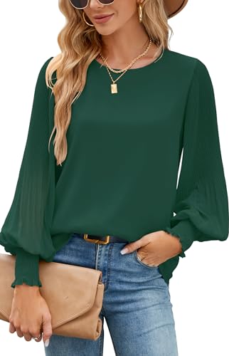 Image of Aifer Womens Tops Dressy Casual Long Sleeve Shirts Chiffon Blouses | Sheer Pleated Lantern Sleeves, Crew Neck, Back Keyhole, Versatile, Ideal for Office Workwear, Daily Outfits, Party Looks