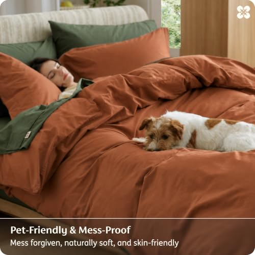 Image of Bedsure PureWoven 100% Washed Cotton Duvet Cover Set, Queen Size, 3-PC | Linen Like Texture, Percale Breathable Bedding Set for All Seasons, Zipper Closure, 8 Corner Ties, Burnt Orange, 90 inch x 90 inch