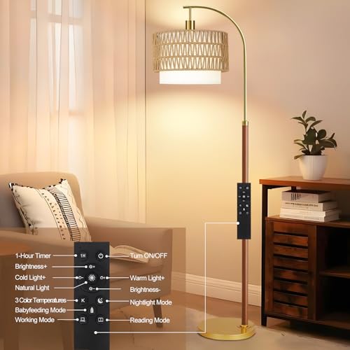 Image of ZECOXOL Boho Floor Lamps for Living Room Wood Floor Lamp with Remote Control,Dimmable Rattan Floor Lamps Farmhouse Gold Standing Lamp with 3 Color Temperature Tall Arc Floor Lamp for Bedroom Corner
