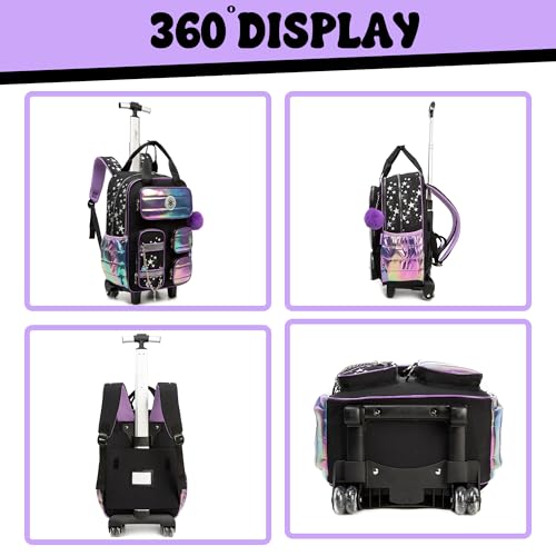 Meetbelify Rolling Backpack with Wheels for Girls School Rolling Backpack with Lunch Bag and Pencil Case Set Kids Travel Luggage for Elementary Girls Ages 5-123