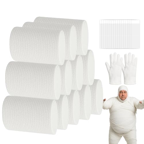 60 Yards 12 Rolls Halloween Mummy Wrap Costume Kit for Adults Mummy Gauze Bandage with Gloves for Halloween Decor Props DIY Scary Zombie Costumes Accessories Photography Backdrops Makeup Effects