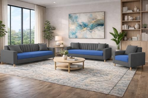 Image of Casaliving Garcia 3+2+1 Seater Sofa Set for Living Room (Blue Black Colour) Premium Fabric Sofa