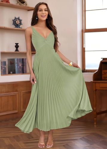 Miao Duo Women's Silk Satin Pleated Wedding Guest Dresses Elegant V Neck Maxi Formal Dresses YZTS1443