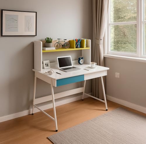 Catálogo de Home Depot Escritorios comprados en linea. 45 Bossa Escritorio Home Office con Repisas Superiores y Cajón, Escritorio de MDF con Base Metálica para Oficina o Estudio – Modelo Barkeith 100x45x102 cm