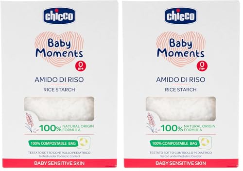 Chicco Baby Moments Amido di Riso, Calmante y Refrescante, Limpieza Suave Sin Irritar o Secar la Piel, Acción Emoliente, Baño para Bebés, Talco, 250 Gr, 0+ Meses (Paquete de 2)