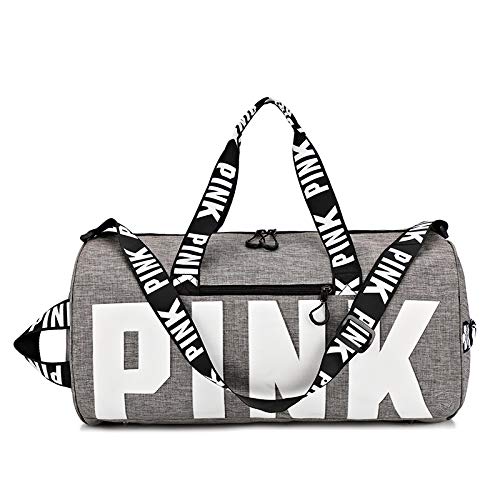 Sports Gym Bag Large Capacity Travel Duffel Bag Sport Shoes Bag with Wet Pocket Compartment for Men and Women Lightweight Multiple Colors PINK Logo (Grey)