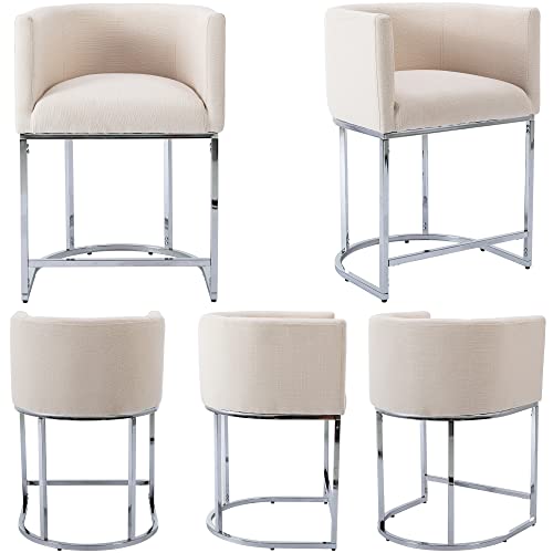 Wahson Set Of 3 Linen Upholstered Bar Height Stools, 24'' H Mid Century Modern Fabric Bucket Counter Height Stools, With Chrome Metal Frame, Cream #TOP5