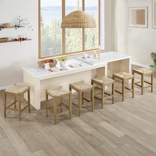 DUHOME 26-Inch Backless Seagrass Counter Stools Set of 6,Handwoven with Natural Fibers&Solid Natural Wood Legs Woven Rattan Rope Bar Stools for Kitchen Island, Dining Room,Natural