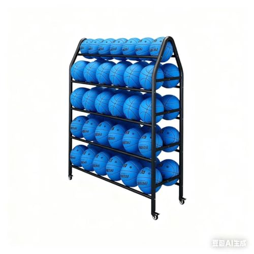 Xafeia Sports Ball Storage Rack, Heavy Duty Metal Rolling Cart, 4-Tier Mobile Organizer with Wheels for Basketball, Soccer, Volleyball Equipment, Black, White, Gold Frame (Black)