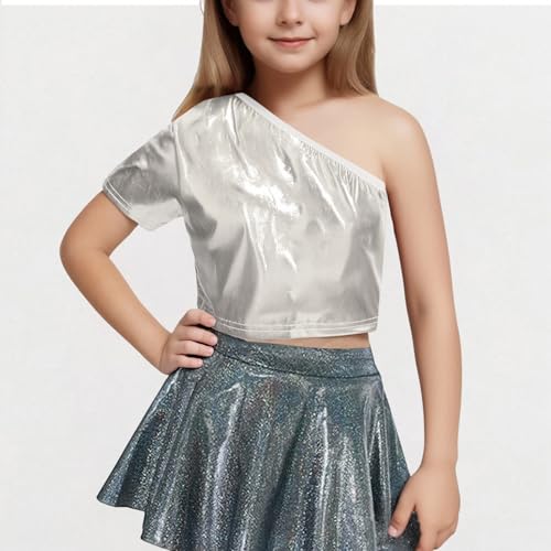 Metallic Crop Top for Girls 2025 One Shoulder Short Sleeve Shinny Clubwear Party Tops Kids Dancewear Streetwear Tees4