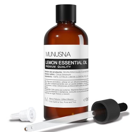 Aceite Esencial Limón 100ML, MUNUSNA Aceite Esencial Puro Natural para Aire Fresco, Aceites de Limon para Humidificador Difusor Aromas, Jabón, Velas, Masaje, Lemon Oil