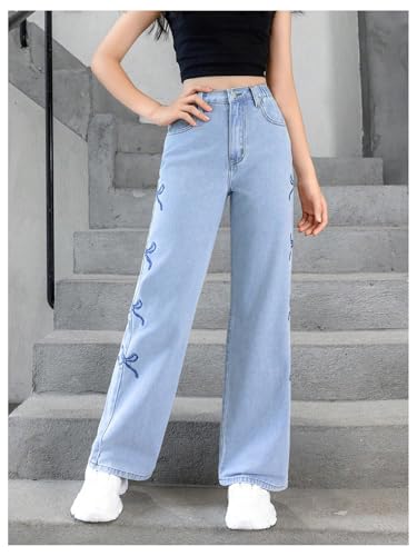 GORGLITTER Girl's Baggy Bow Jeans Wide Leg Loose Straight Leg Denim Pants Y2k with Pockets 8-12Y4