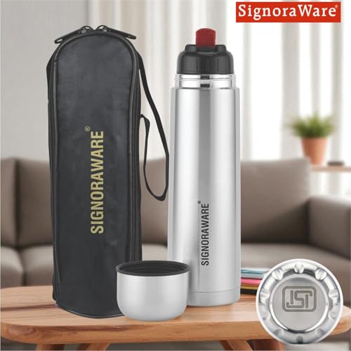 Image of SignoraWare Bullet Stainless Steel Vaccum Insulated ISI Certified Cola Bottle with Protective Cover | Airtight & Leakproof | Hot & Cold for Hours | Durable Flask for Outdoor Use (1Ltr | Steel)