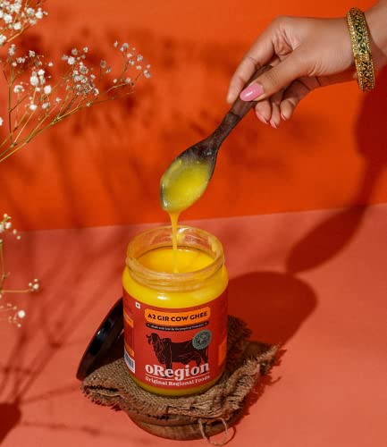 Image of oRegion A2 Milk Pure Gir Cow Premium Desi Ghee (500ml),100% Organic from Grass-Fed Cows, Vedic Bilona Method, Curd Churned, Pure, Natural & Healthy, Lab Tested, Immunity Booster, Glass Jar