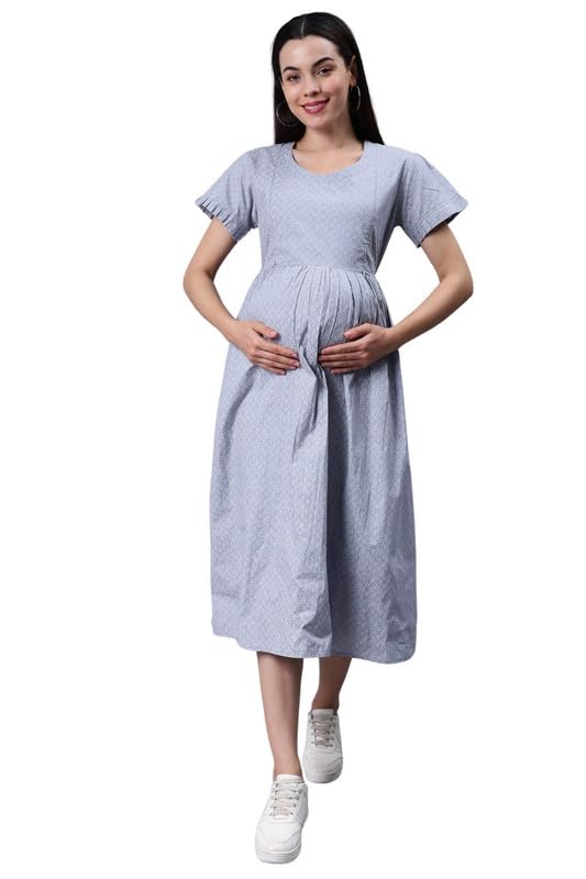 nightspree Women's Cotton Round Neck 3/4 Sleeve Maternity Dress Feeding Kurti with Zipper, Super Soft Comfortable (3079-MD)-picture-5