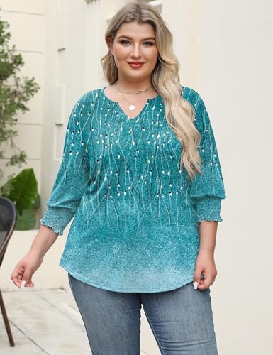 Rapbin Womens Plus Size Tops 3/4 Sleeve Blouses Shirts Casual V Neck Loose Tunic Tops 1X-5X