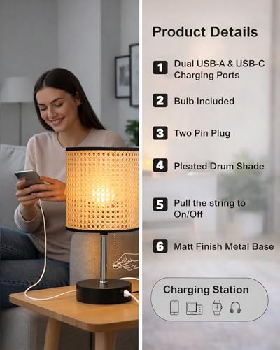 Image of Homesake Bedside Lamp for Bedroom Nightstand Table Light with USB A | C Charging Port, Desk Lamp, Pull Chain Light, Side Table Desk Reading Lamp, Living Room Gift, (Rattan Cane Cylinder)