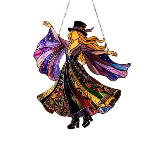 Retro Queen Stained Acrylic Wind Spinner Dancing Lady Suncatcher with Crystal Prisms Handmade 70s Soul Hanging Art for Window Garden Vintage Boho Spinner Ornament for Outdoor Patio Decor (colorful)