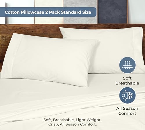 Image of ROYALE LINENS 100% Organic Cotton Percale Pillowcases Set of 2 - Standard Size Percale Pillowcase - Standard Set of 2 Pillow Cover - Breathable, Cool & Crisp Ivory Pillow Cases (20 inchx26 inch, Ivory)