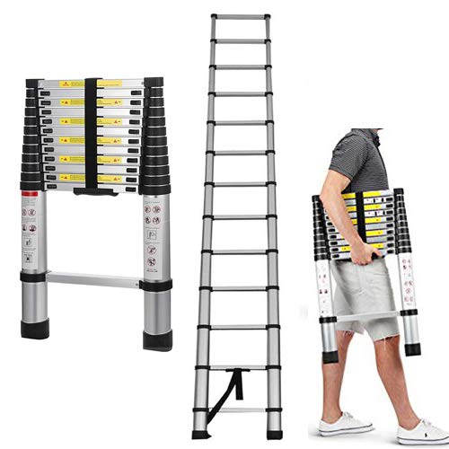 16.4ft 5M Aluminum Extension Foldable Telescopic Ladder Telescoping Straight Ladder Extendable Capacity Max Load 150kg/330lb EN 131 Light-Weight Fully Extened 5M