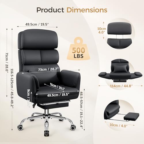 Image of Big and Tall Office Chair 500LBS, Ergonomic High Back Leather Executive Chair, Reclining Swivel with Adjustable Armrests Lumbar Support Footrest, Criss Cross Legged, Black